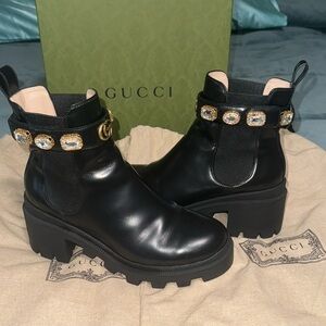 Gucci trip black leather crystal embellished ankle Chelsea combat boots